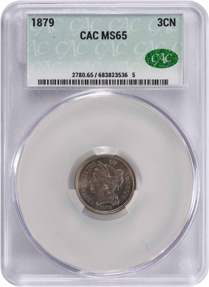 1879 Three Cent Nickel MS65 CACG: 1879 Three Cent Nickel MS65 CACG The 1879 Three Cent Nickel MS65 CACG boasts exceptional condition, with its Circulated/Uncirculated certification and high grade of MS65. This Uncirculated coin featur
