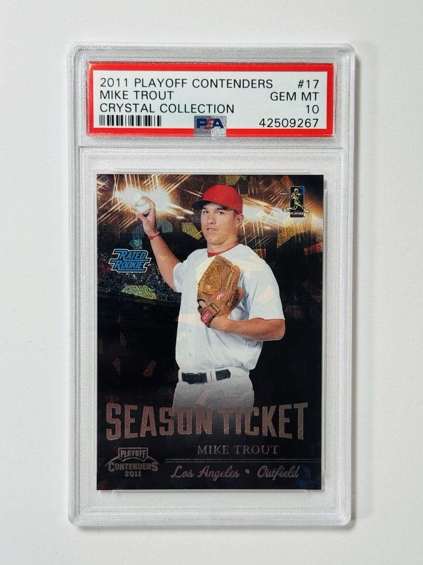 PLAYOFF CRYSTAL COLLECTION ROOKIE/ MIKE TROUT #17 299 PSA 10: PLAYOFF CRYSTAL COLLECTION ROOKIE/ MIKE TROUT #17 299 PSA 10 Bears the signature of Mike Trout, a Rookie in the 2011 Playoff Contenders set. This Crystal Collection card features #17 and has been grad