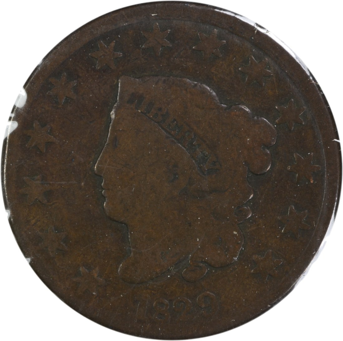 1829 Large Cent Medium Letter N-5 VG Uncertified: 1829 Large Cent Medium Letter N-5 VG Uncertified The 1829 Large Cent Medium Letter N-5 VG Uncertified coin features a Coronet Head design by Robert Scot and is made of copper, measuring 28.00 millimet