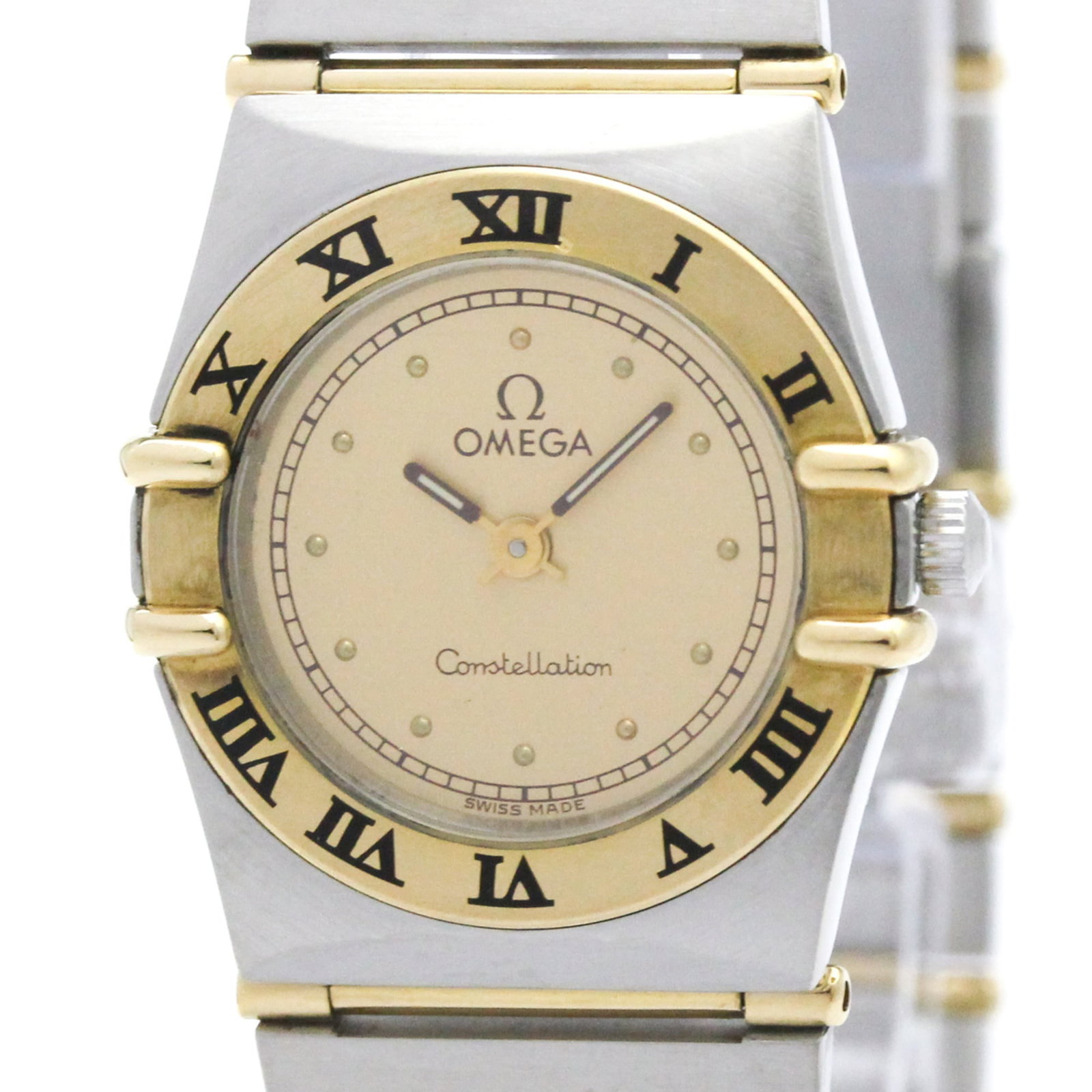 Wristwatch by Omega: Wristwatch by Omega Stainless steel and yellow gold (18K) combine in sleek, sophisticated design. The Omega Constellation wristwatch boasts a gold dial and quartz movement, making it a stylish additio