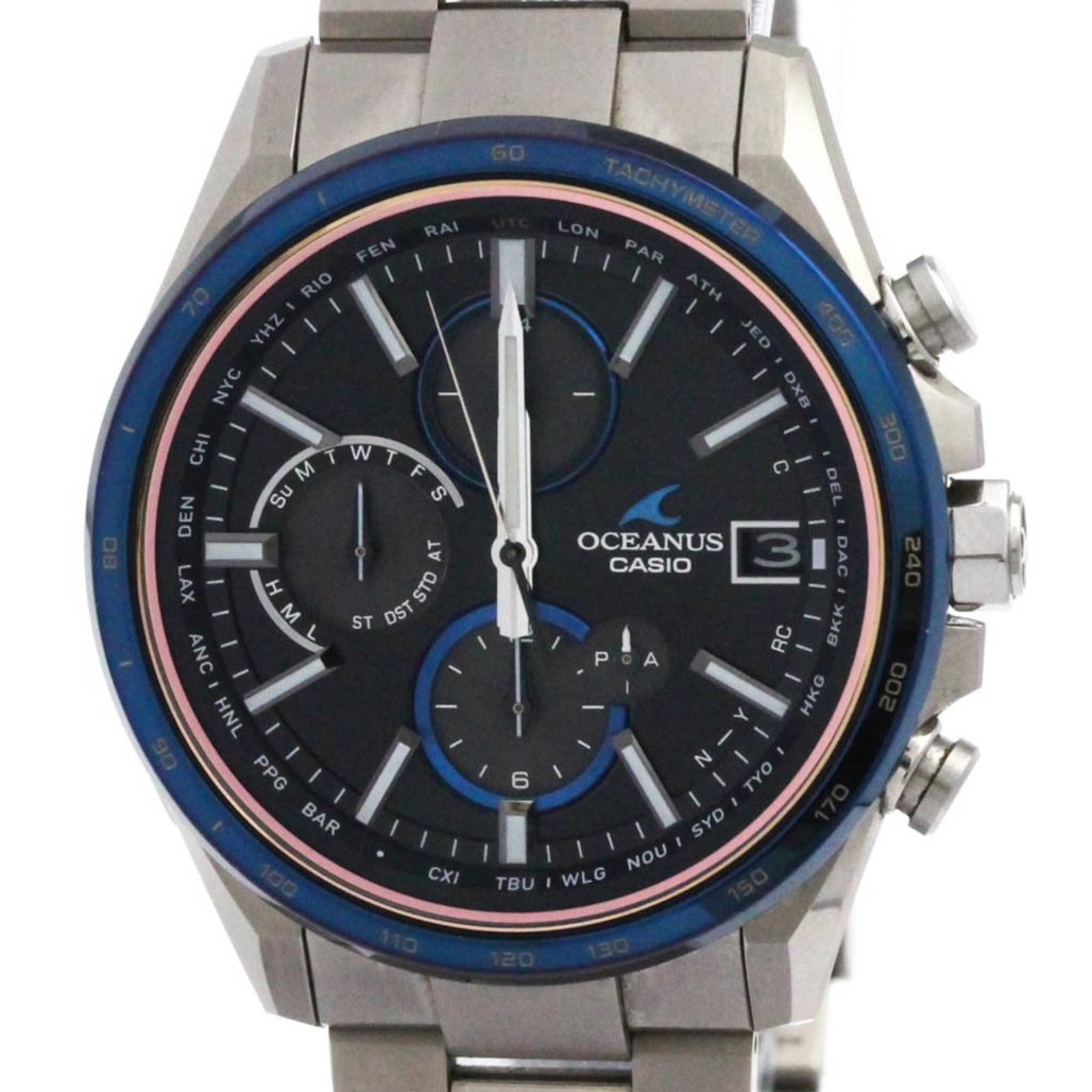 Casio Wristwatch: Casio Wristwatch Titanium case and band for a sporty look, the Casio OCW-T4000D-1AJF features radio wave control solar technology for long-lasting power. This watch also includes day date, perpetual c