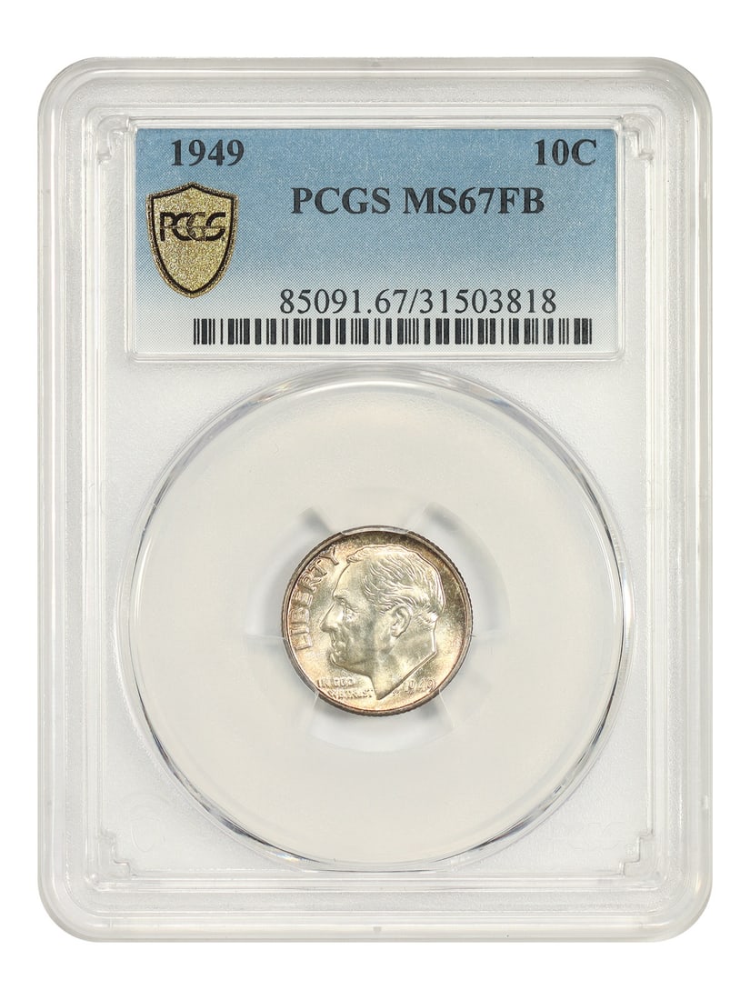 1949 10C PCGS MS67FB - Roosevelt Dime: 1949 10C PCGS MS67FB - Roosevelt Dime The 1949 Roosevelt dime, graded MS67FB by PCGS, boasts exceptional condition with minimal wear. This uncirculated coin showcases the iconic design of Franklin D.