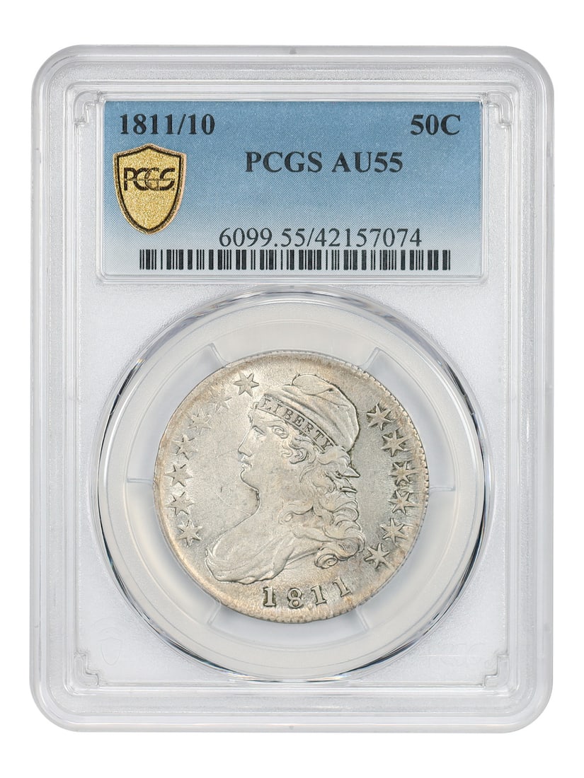1811/ 10 50C PCGS AU55 - Capped Bust Half Dollar: 1811/ 10 50C PCGS AU55 - Capped Bust Half Dollar The 1811/10 Capped Bust Half Dollar, graded AU55 by PCGS, boasts a rich history as one of the earliest half dollars minted during the War of 1812. With