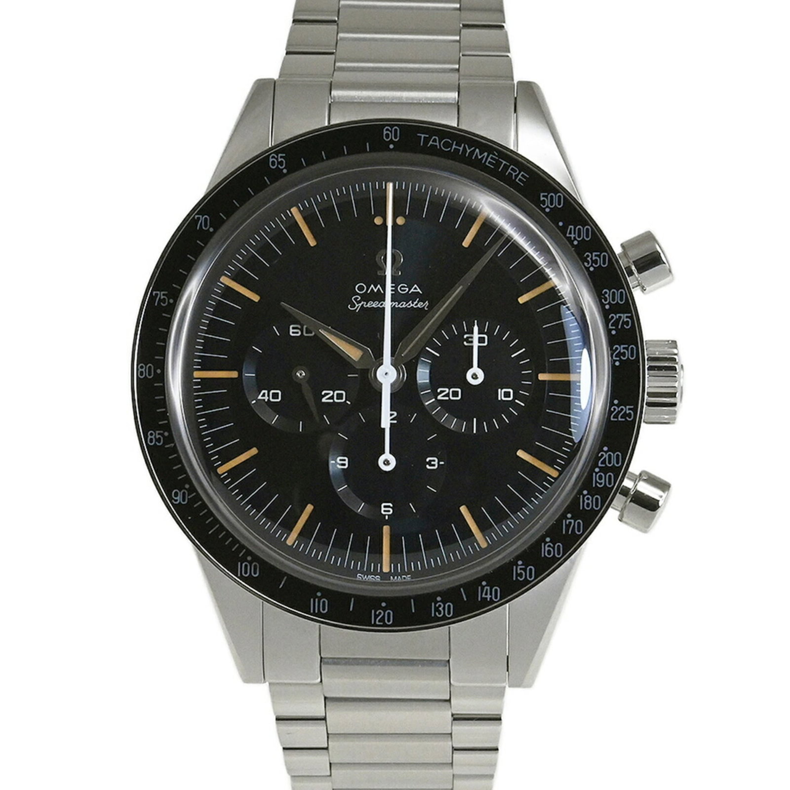 Omega Wristwatch: Omega Wristwatch Stainless steel case and band, paired with a scratch-resistant sapphire crystal, provide a durable foundation for this Omega Speedmaster watch. The manual winding mechanical movement 