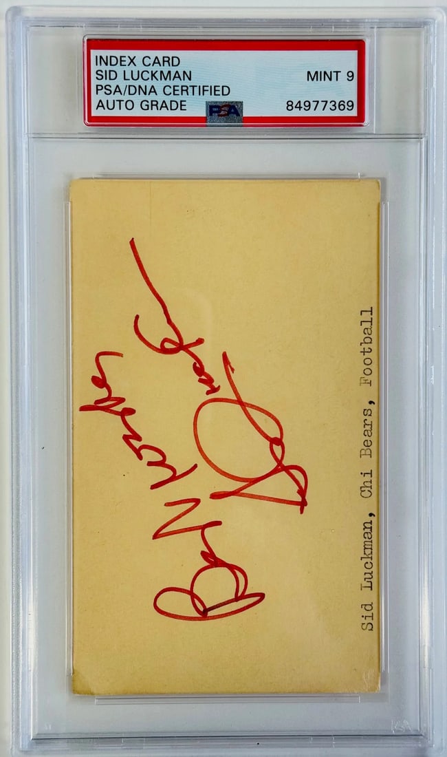 Sid Luckman Autographed Index Card PSA MINT 9: Sid Luckman Autographed Index Card PSA MINT 9 Signed in red sharpie by Sid Luckman, the legendary quarterback from the Chicago Bears, this PSA MINT 9 index card showcases a rare and unique piece of sp