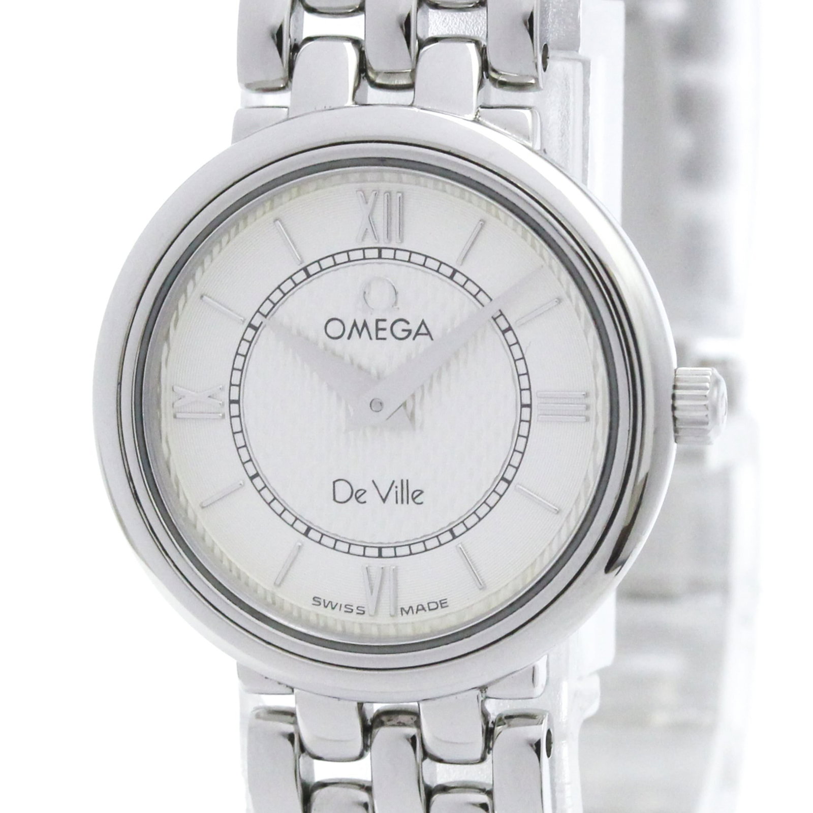 Omega Wristwatch: Omega Wristwatch Omega De Ville watch with silver dial, stainless steel case and band, quartz movement, and serial number 57**4195. This sleek timepiece boasts a classic design and precise timekeeping
