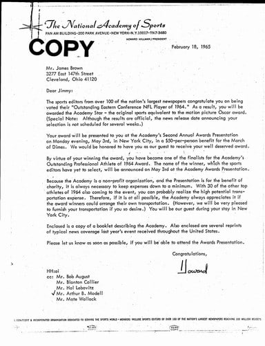 February 18, 1965 Letter to Browns Jim Brown on Winning an Academy Star 145003 (1 of 1)