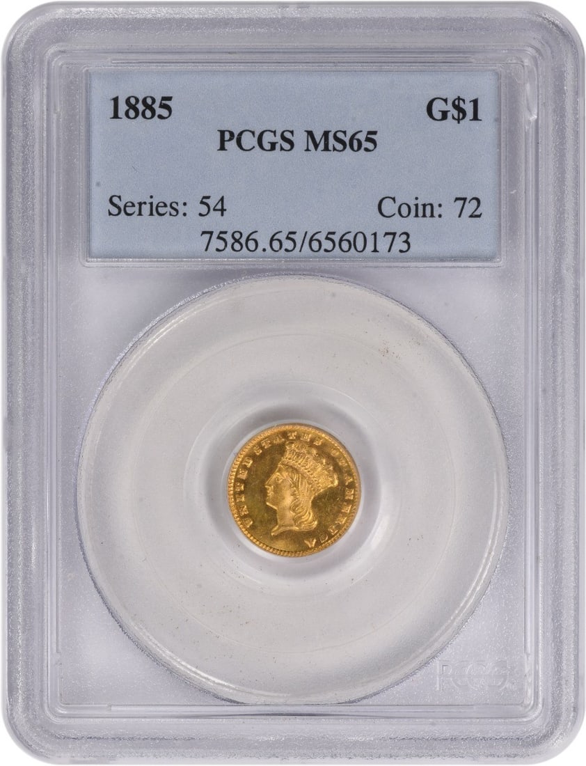 1885 $1 Gold Type 3 MS65 PCGS: 1885 $1 Gold Type 3 MS65 PCGS The 1885 $1 Gold Type 3 MS65 PCGS features a reeded edge and is composed of 90% gold and 10% copper, with a diameter of 15 millimeters. Certified by the Professional Coin