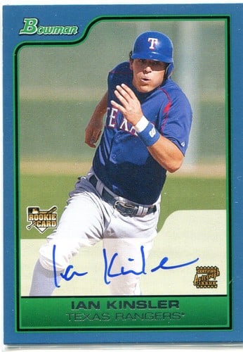 Ian Kinsler rookie card autographed Bowman 2006: Ian Kinsler rookie card autographed Bowman 2006 Signed by artist Ian Kinsler in 2006, this Bowman Autographed Rookie Card is a unique collectible from the Topps brand. The card features a high-quality
