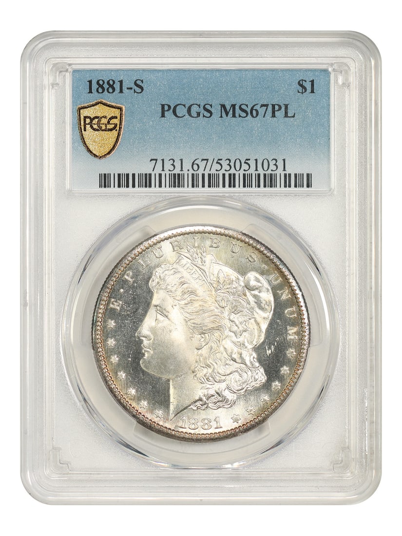 $1 PCGS MS67PL 1881-S Morgan Dollar: $1 PCGS MS67PL 1881-S Morgan Dollar The 1881-S Morgan Dollar, graded MS67PL by PCGS, boasts exceptional condition and rarity. This uncirculated coin features the San Francisco mint mark and is certifi