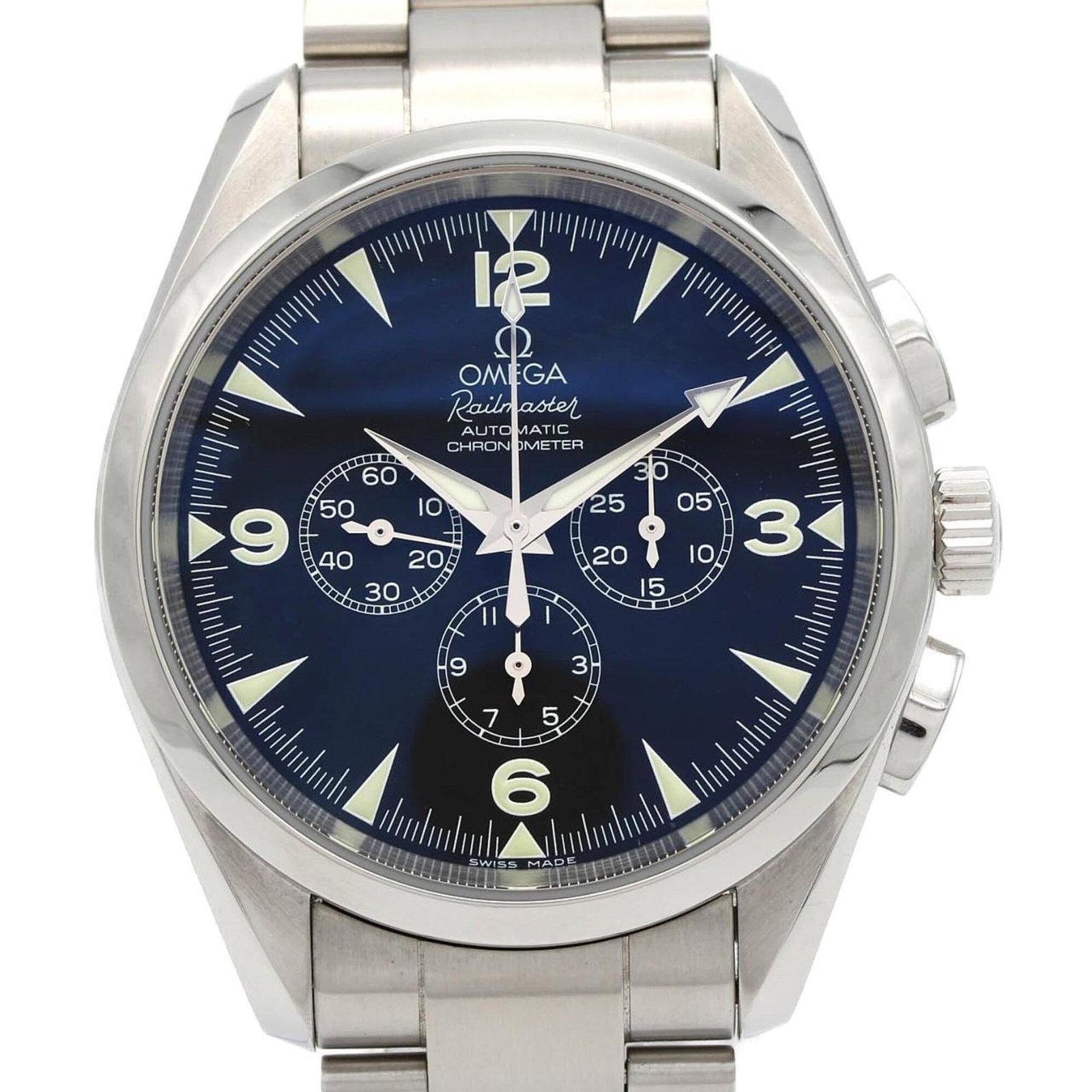 Omega Wristwatch: Omega Wristwatch Stainless steel case and band provide a durable foundation for this black dial Omega wristwatch, featuring a self-winding automatic movement. The 42mm diameter case fits wrists up to 