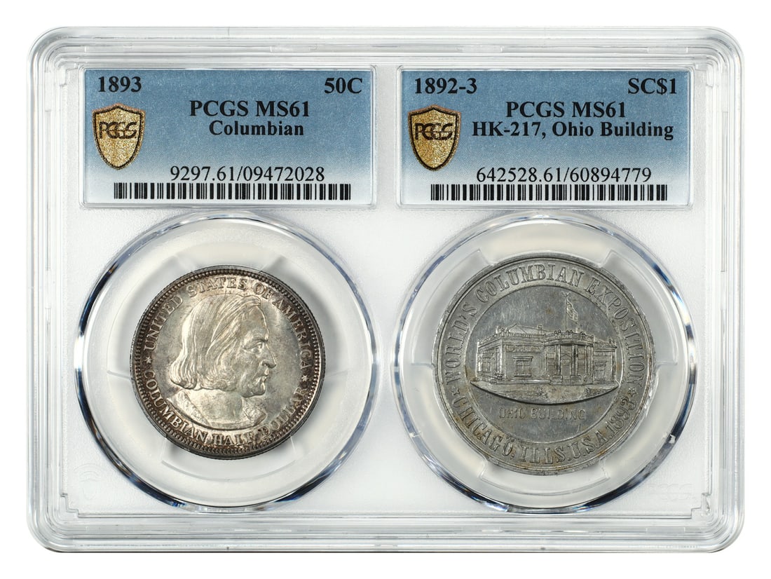 Dual Holder: 1893 50C Columbian & 1892-S SC$1 HK-217 Ohio Building PCGS MS61: Dual Holder: 1893 50C Columbian & 1892-S SC$1 HK-217 Ohio Building PCGS MS61 The 1893 50C Columbian coin, graded MS61 by PCGS, showcases its exceptional condition with a high level of mint luster. Pai