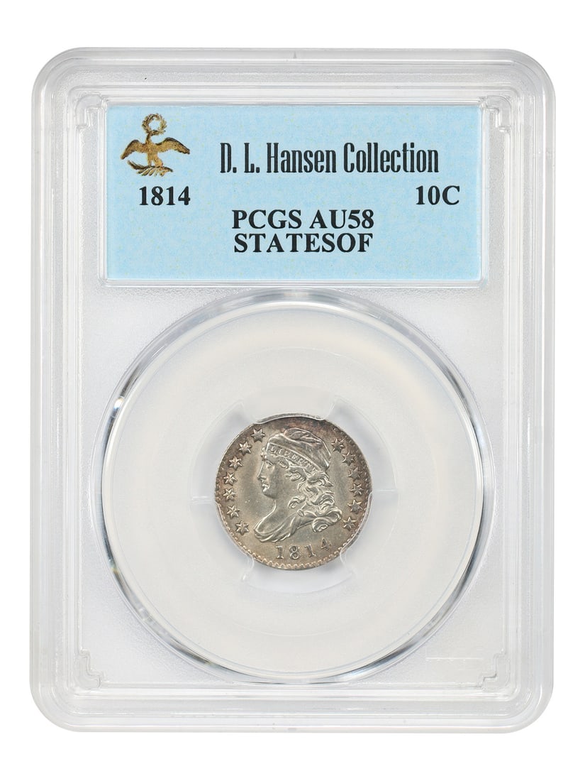 STATESOF 10C PCGS AU58 ex D.L. Hansen 1814: STATESOF 10C PCGS AU58 ex D.L. Hansen 1814 This 1814 10C PCGS AU58 coin features a circulated condition and bears the certification number 37588406, confirming its authenticity. The Philadelphia mint