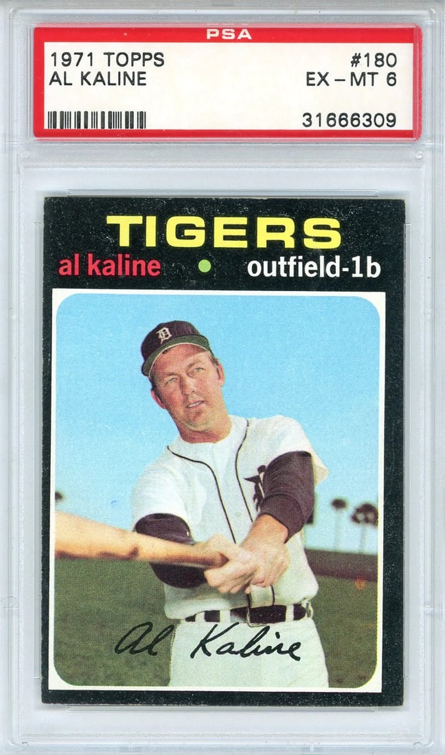 Al Kaline 1971 Topps Card #180 (PSA EX-MT 6): Al Kaline 1971 Topps Card #180 (PSA EX-MT 6) The Al Kaline 1971 Topps Card #180, graded and slabbed by PSA as an EX-MT 6, showcases a rare snapshot from baseball history. This card features the