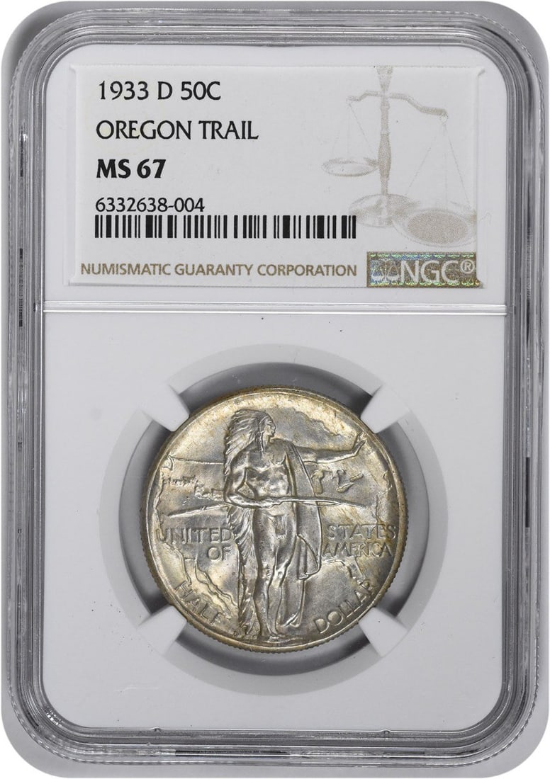 Oregon Commemorative Silver Half Dollar 1933-D MS67 NGC: Oregon Commemorative Silver Half Dollar 1933-D MS67 NGC The Oregon Commemorative Silver Half Dollar, minted in 1933-D, boasts an impressive MS67 grade from the NGC, showcasing its exceptional
