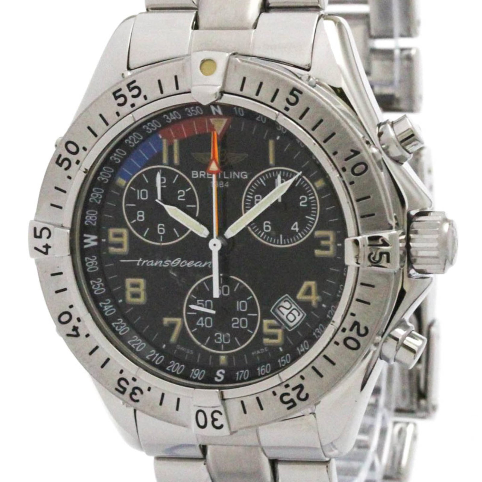 Breitling Wristwatch: Breitling Wristwatch Stainless steel case and band, the Breitling Transocean A53040.1 wristwatch boasts a sleek black dial, while its quartz movement powers chronograph and date functions. Weighing