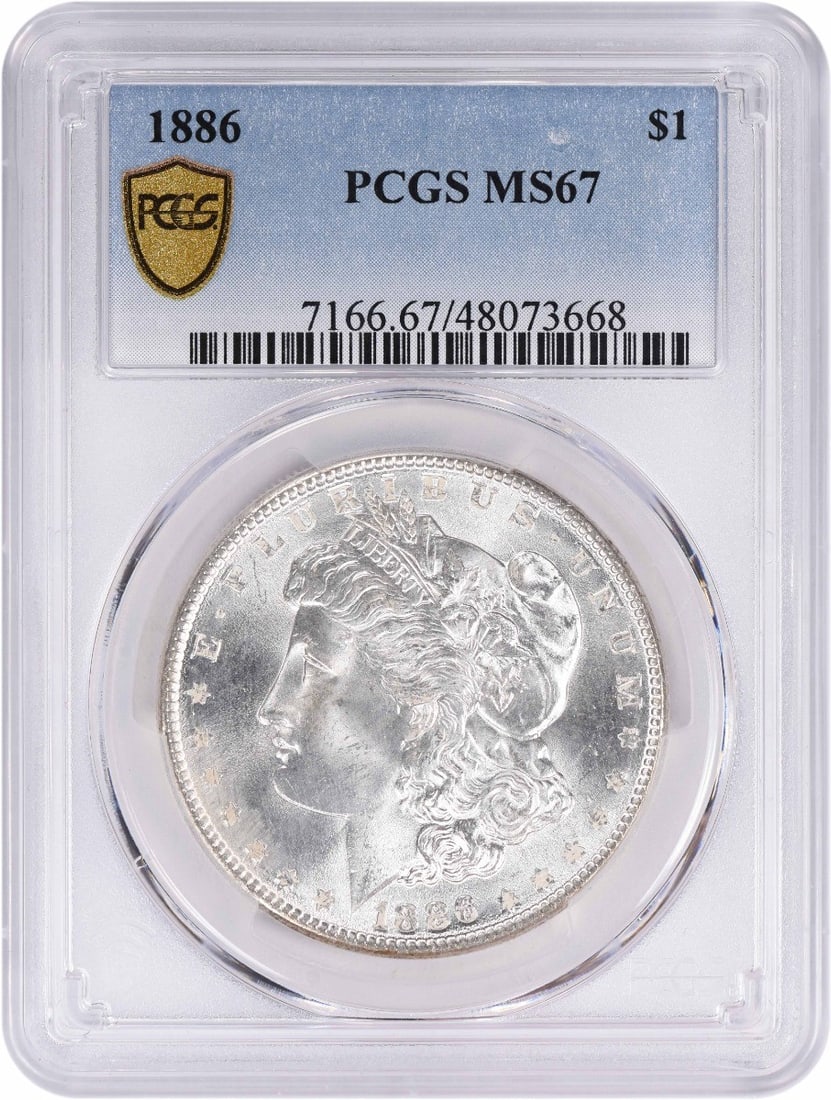 Morgan Silver Dollar MS67 PCGS: Morgan Silver Dollar MS67 PCGS MS67 PCGS certified Morgan Silver Dollar, minted in 1886 with its original silver content and copper alloy composition. This coin boasts a high grade of MS67, indicating