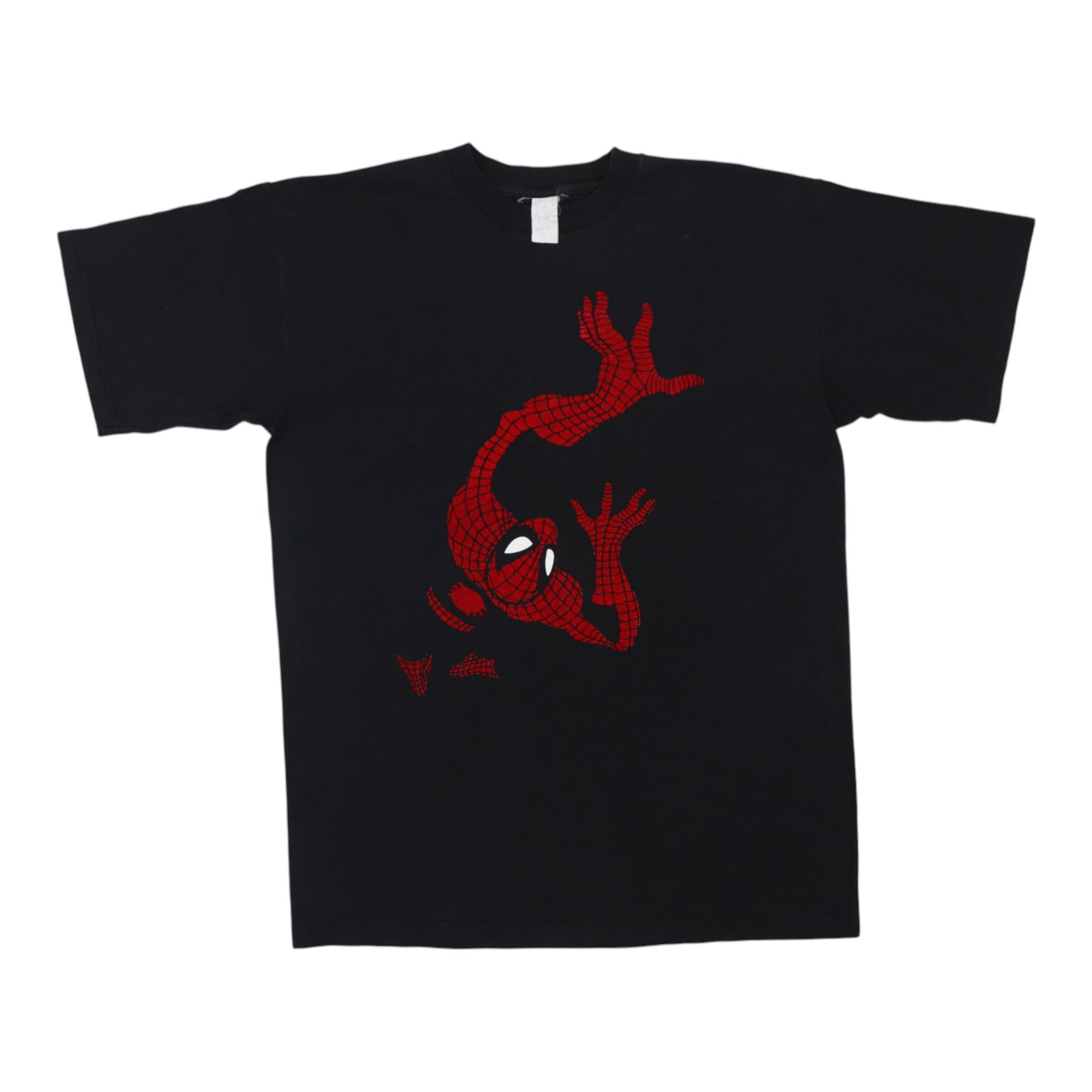 1990s Spider Man Flocked Shirt: 1990s Spider Man Flocked Shirt A vibrant and nostalgic piece from the 1990s, this Spider Man Flocked Shirt is a must-have for fans of the web-slinger. The shirt's bold design and eye-catching flocked 