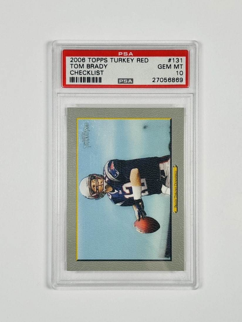 TOPPS TURKEY RED TOM BRADY CHECKLIST #131 2006: TOPPS TURKEY RED TOM BRADY CHECKLIST #131 2006 Card #131 from the 2006 Topps Turkey Red set, featuring Tom Brady in his iconic Patriots jersey. This PSA-10 graded card showcases Brady's impressive per