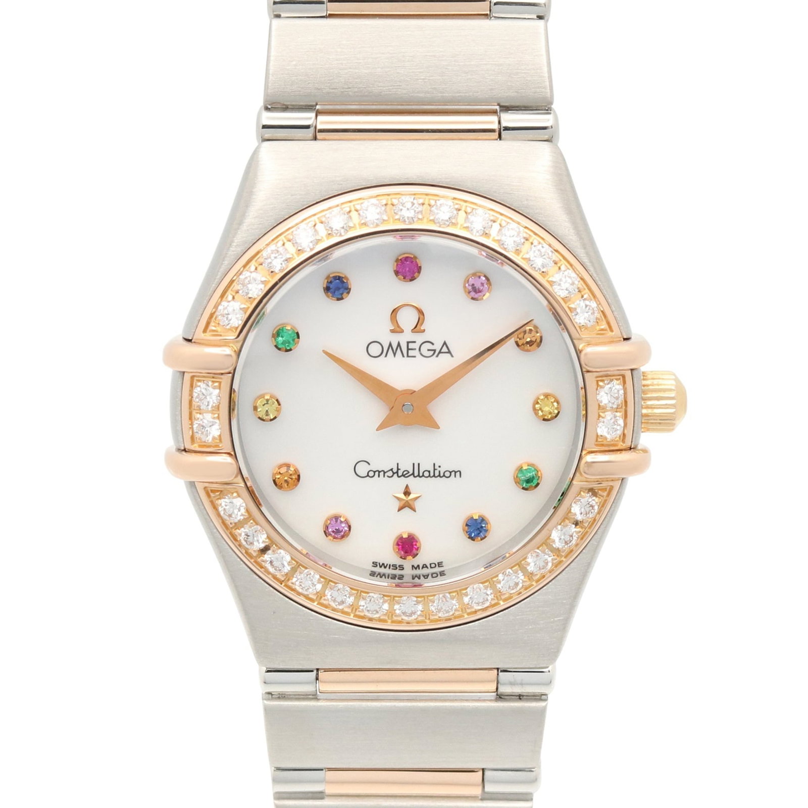 Omega Wristwatch: Omega Wristwatch Pink gold and stainless steel combine in this elegant Omega wristwatch, featuring a white shell dial and quartz movement. The 22.5mm case diameter fits wrists up to 17.5cm, making it 