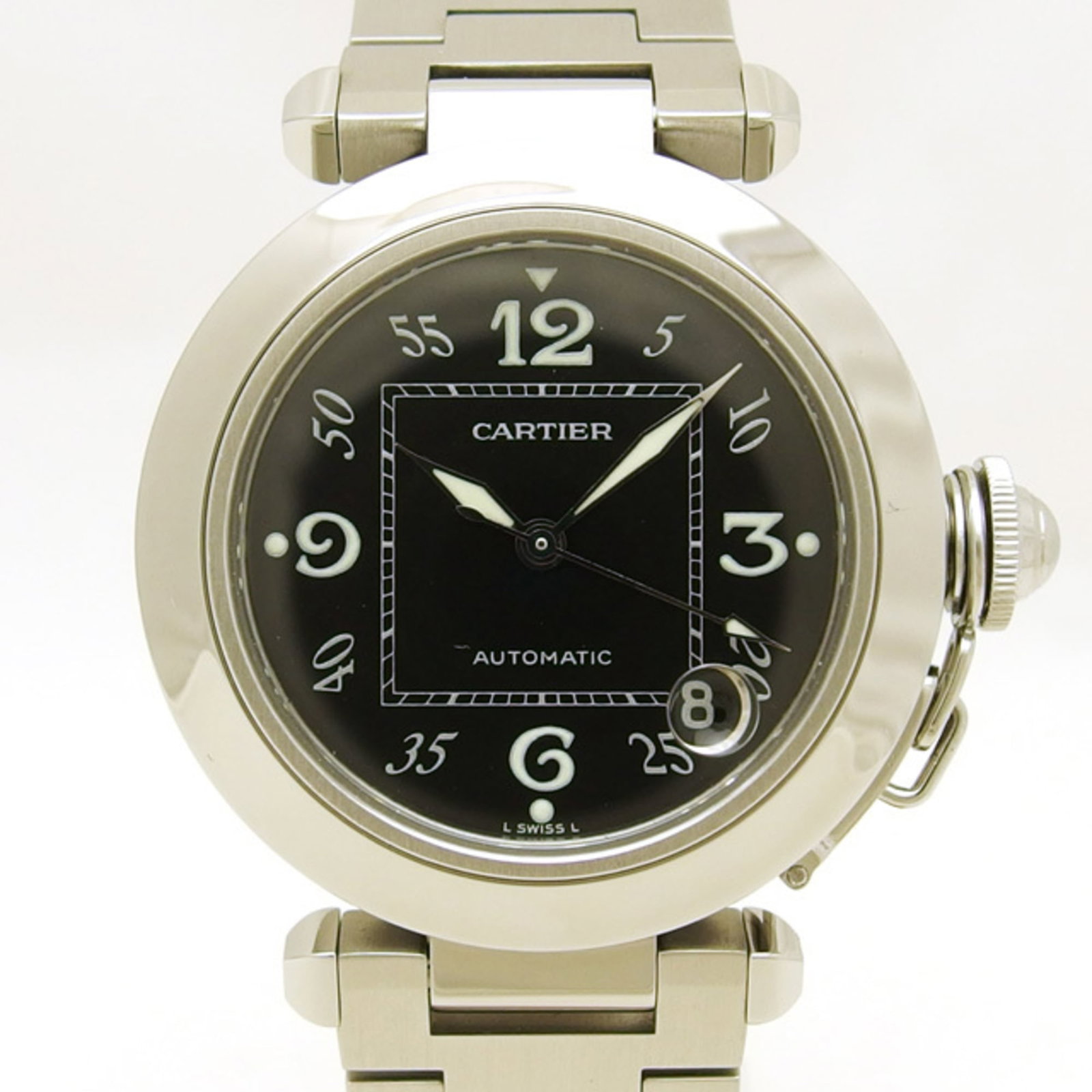 BLACK DIAL CARTIER PASHA C SS 35MM 20180320: BLACK DIAL CARTIER PASHA C SS 35MM 20180320 Stainless steel case and band, paired with a sleek black dial, make up the Cartier Pasha C SS watch. The compact 35mm diameter and adjustable 17.5cm length 