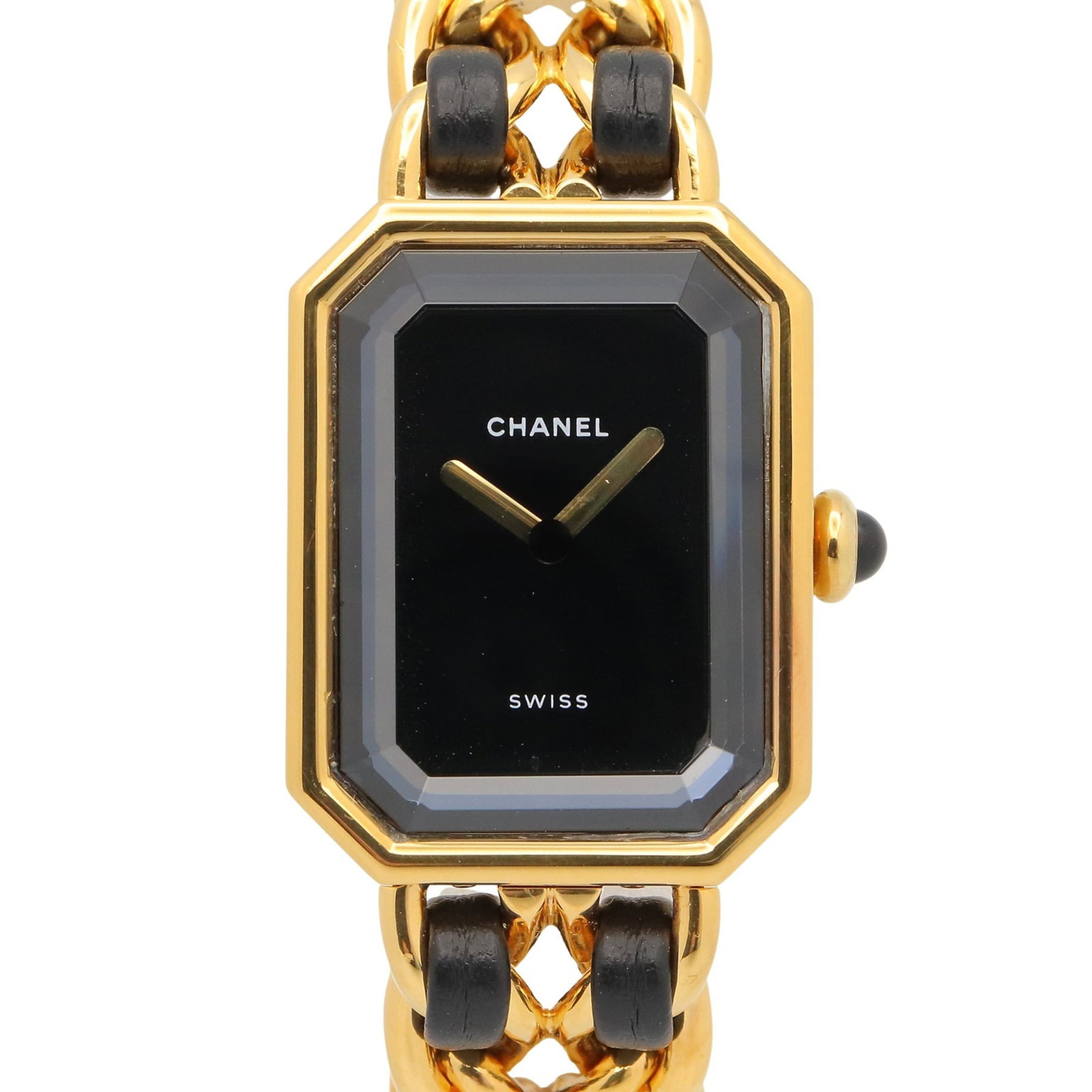 Chanel Wristwatch: Chanel Wristwatch Gold plated, leather-strapped Chanel wristwatch with a black dial and quartz movement. Measuring 20mm in diameter, this stylish timepiece features a sleek design that complements its