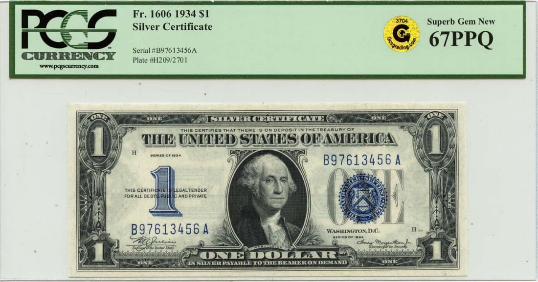 $1 Silver Certificate FR#1606 PCGS Superb GEM 67 PPQ GCC Gold: $1 Silver Certificate FR#1606 PCGS Superb GEM 67 PPQ GCC Gold The $1 Silver Certificate FR#1606 PCGS Superb GEM 67 PPQ GCC Gold features a high-grade certification from the Professional Coin Grading S