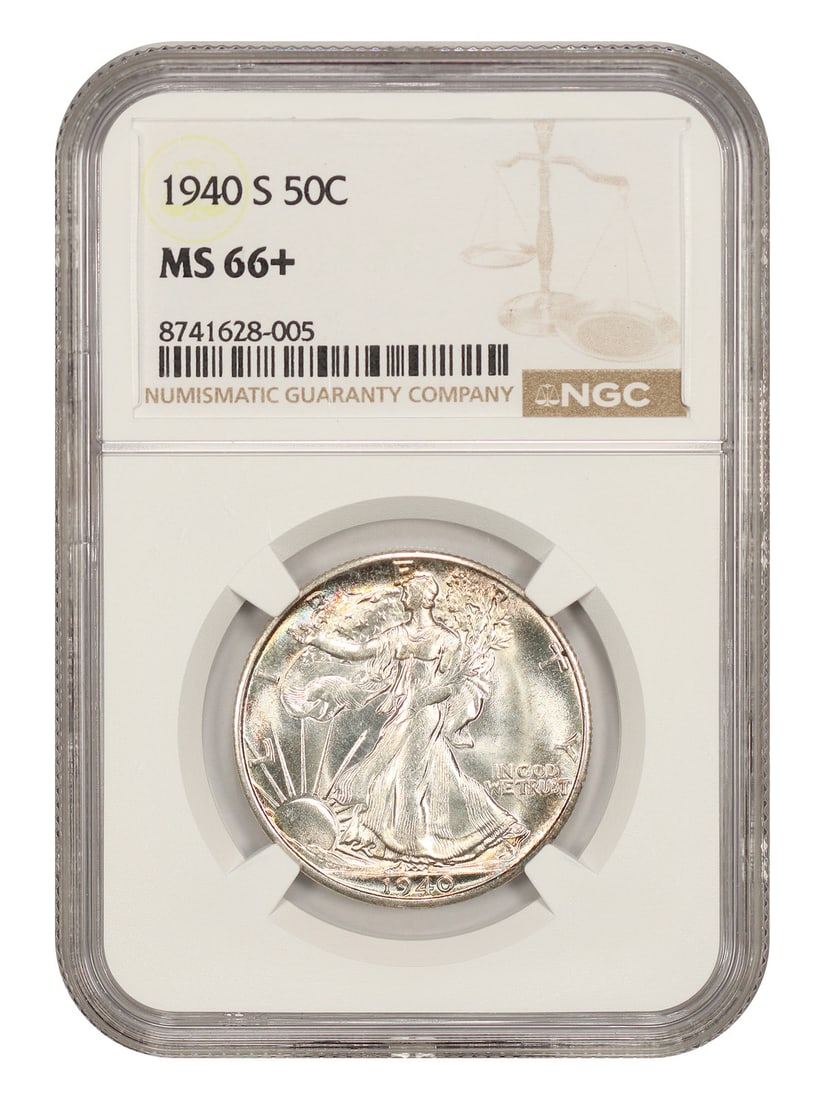 1940-S 50C NGC MS66+ - Walking Liberty Half Dollar: 1940-S 50C NGC MS66+ - Walking Liberty Half Dollar The 1940-S Walking Liberty Half Dollar boasts its San Francisco mint mark, a distinctive feature for collectors. Graded MS66+, this coin showcases ex