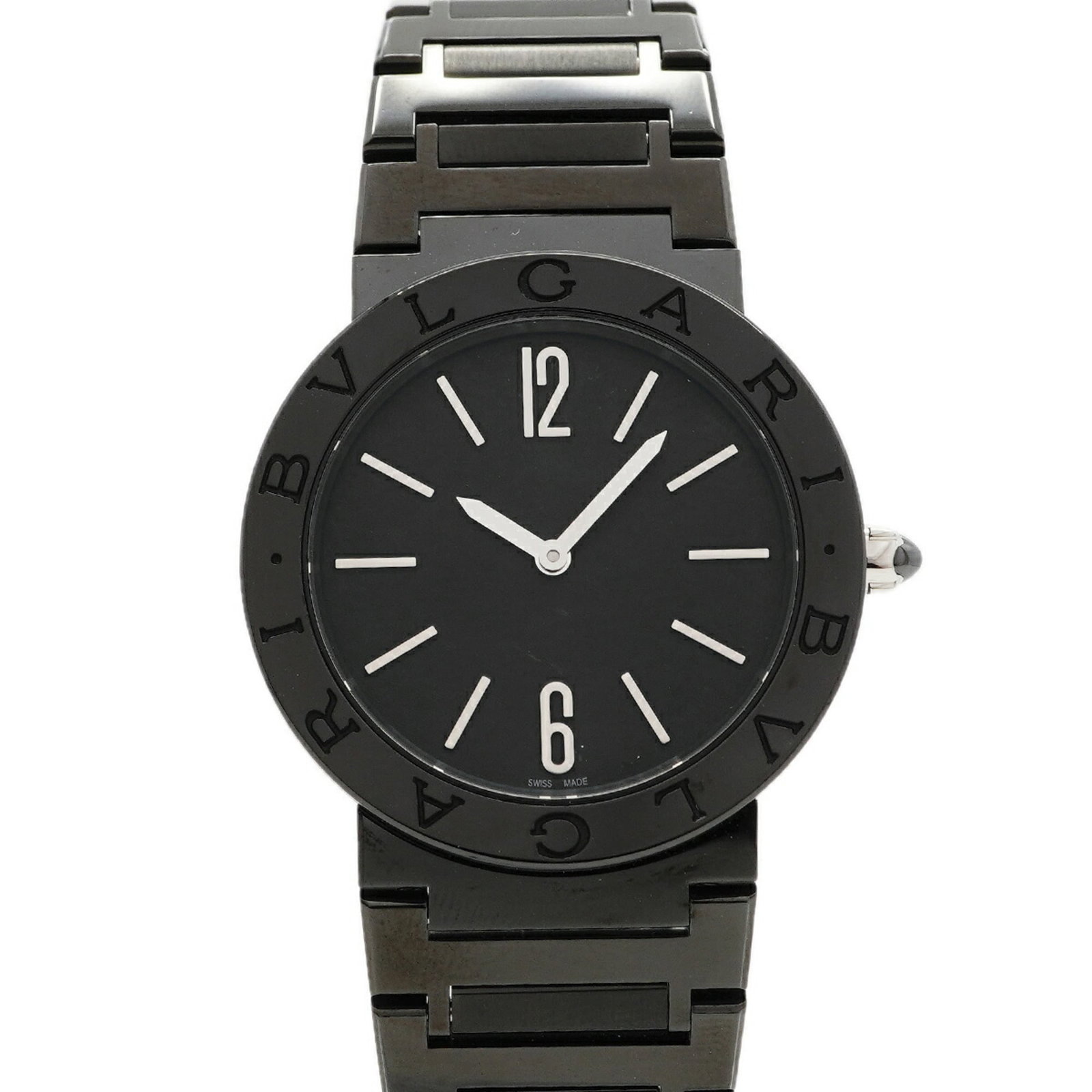 Bvlgari Wristwatch: Bvlgari Wristwatch Stainless steel band adds durability to this Bvlgari wristwatch, featuring a black dial and quartz movement for reliable timekeeping. The sleek case measures 33mm in diameter and is