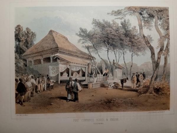 1856 Commodore Perry Japan Expedition Lithograph Yokohama Fire Station: 1856 Commodore Perry Japan Expedition Lithograph Yokohama Fire Station Item Specifics: Artist: Wilhelm Heine / Eliphalet Brown Jr. Subject: Yokohama Fire Station and Firefighting Material: Paper (Lith