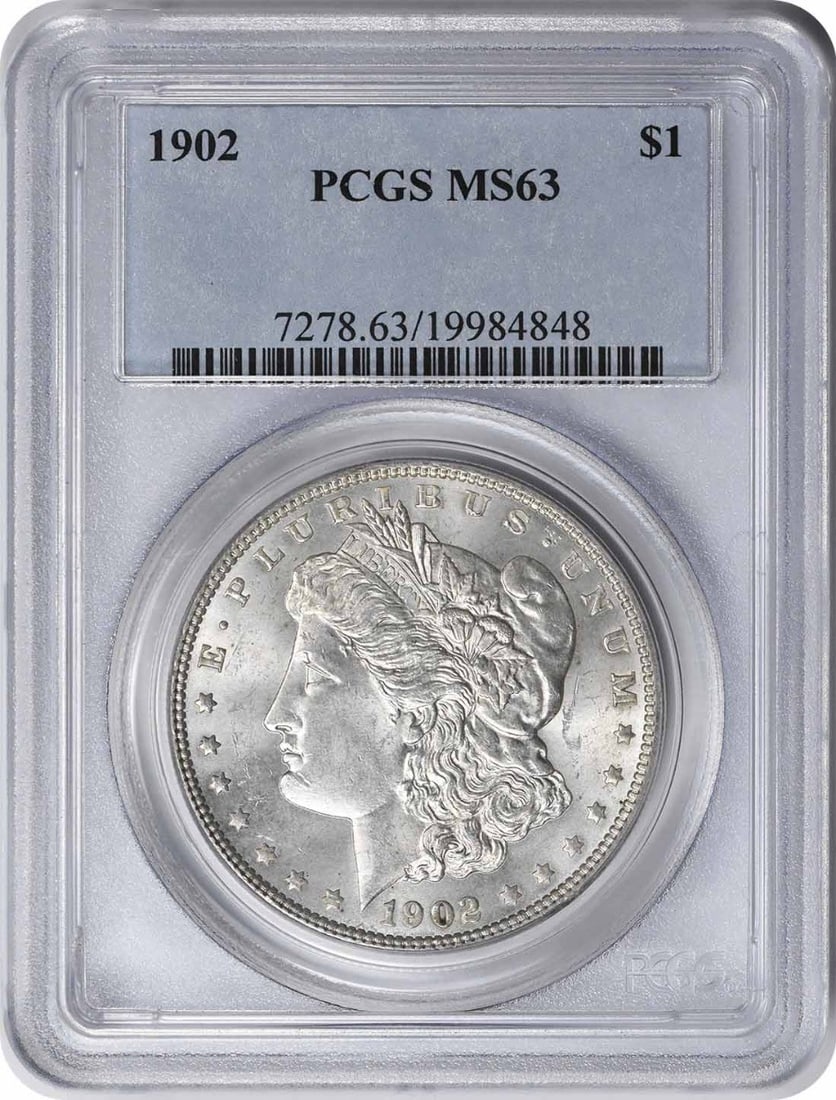 Morgan Silver Dollar MS63 PCGS: Morgan Silver Dollar MS63 PCGS MS63 PCGS certified Morgan Silver Dollar, minted in 1902, boasts a striking appearance with its 90% silver and 10% copper composition. The coin's reeded edge and lack of