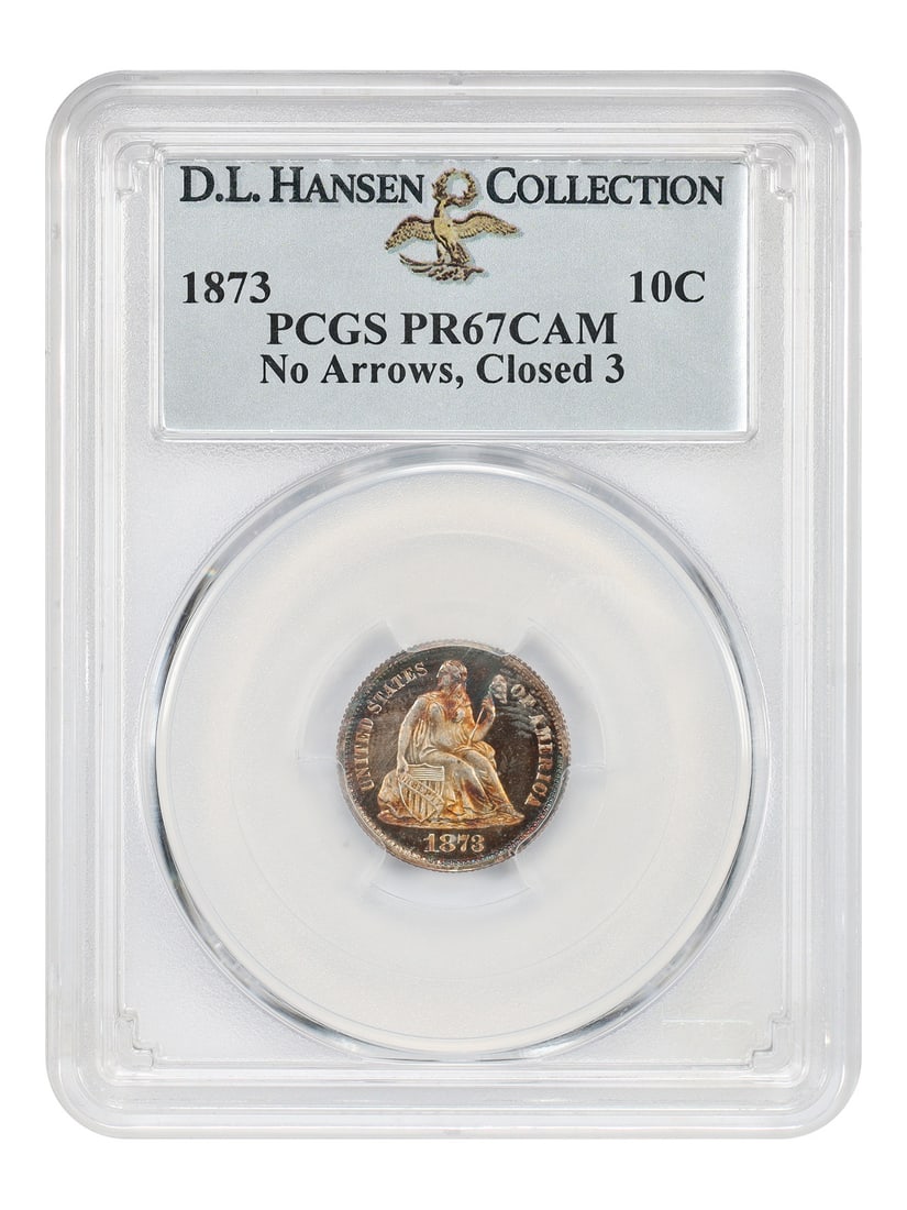 1873 10C PCGS PR67CAM (No Arrows, Closed 3) ex: D.L. Hansen: 1873 10C PCGS PR67CAM (No Arrows, Closed 3) ex: D.L. Hansen 1873 10C PCGS PR67CAM (No Arrows, Closed 3) ex: D.L. Hansen - A highly graded 1873 dime with a stunning PCGS grade of PR67CAM, featuring the