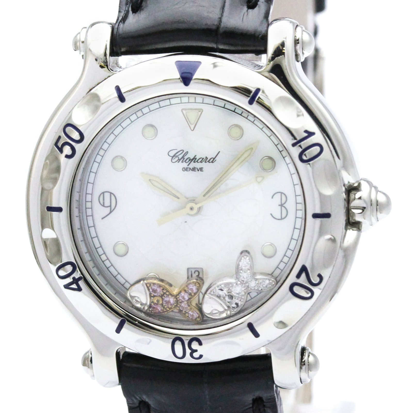 Chopard Wristwatch: Chopard Wristwatch Stainless steel and leather come together in the elegant design of this Chopard Happy Sport wristwatch, featuring a white shell dial and quartz movement. The 32mm case diameter sits