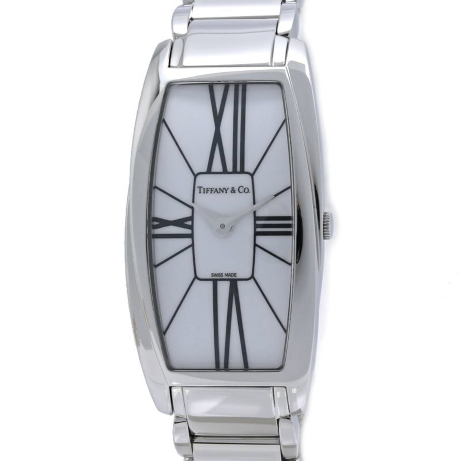 Tiffany Wristwatch: Tiffany Wristwatch Stainless steel case and band, the Tiffany wristwatch exudes understated elegance with its white dial. A quartz movement powers this sleek timepiece, making it a reliable companion