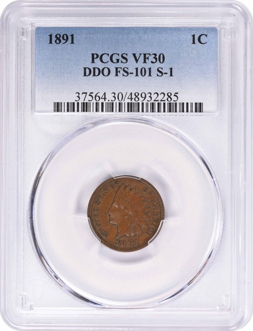 1891 Indian Cent DDO FS-101 VF30 PCGS: 1891 Indian Cent DDO FS-101 VF30 PCGS The 1891 Indian Cent DDO FS-101 VF30 PCGS features a circulated grade, indicating some wear and tear. Certified by the Professional Coin Grading Service (PCGS) as