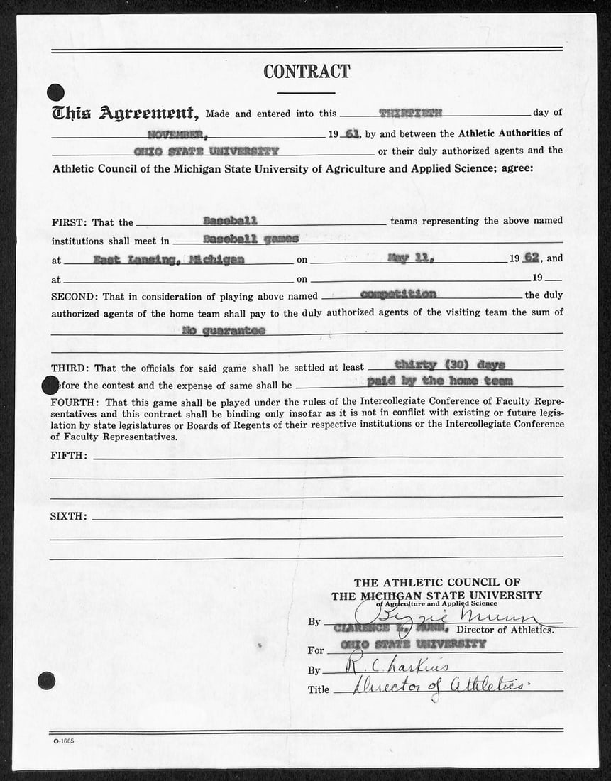 Michigan State Head Coach Signed Auto Contract Ba199666 HOF Biggie Munn (1 of 2)