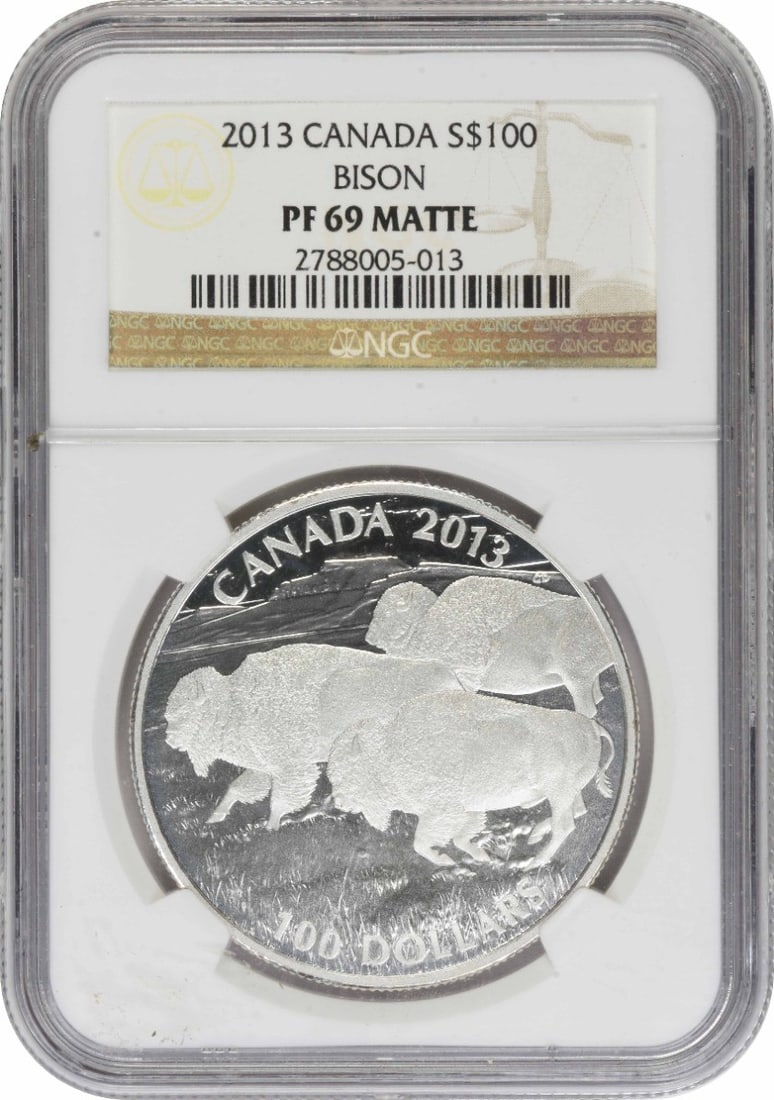 2013 Canada $100 Silver Bison PF69 Matte NGC: 2013 Canada $100 Silver Bison PF69 Matte NGC The 2013 Canada $100 Silver Bison PF69 Matte NGC features the majestic bison, symbolizing strength and resilience, rendered in precise detail on its matte 