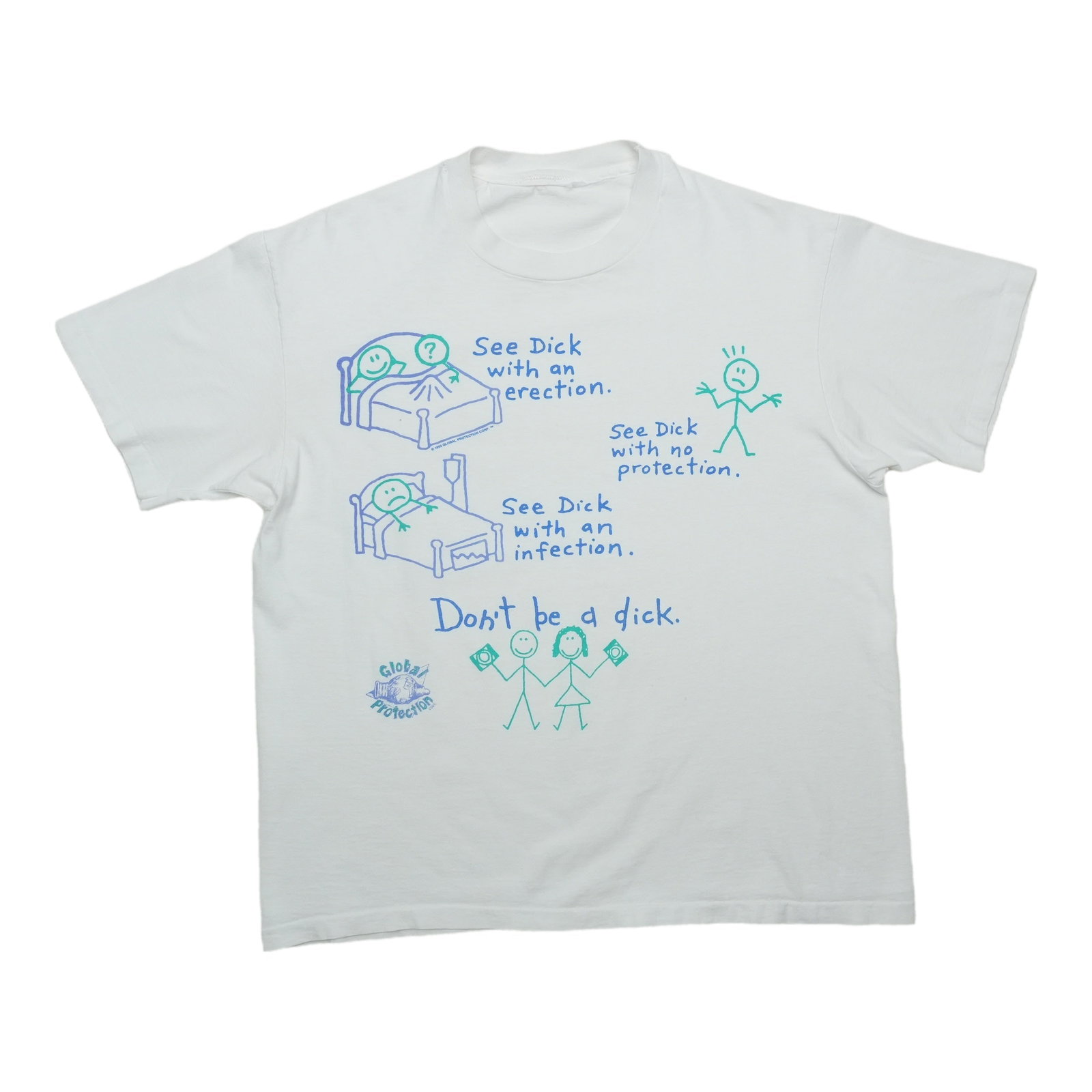 1990s Dont Be A Dick Global Protection Shirt: 1990s Dont Be A Dick Global Protection Shirt Dont Be A Dick Global Protection Shirt - a bold and eye-catching tee from the 1990s. This retro graphic shirt features a striking design that's sure to
