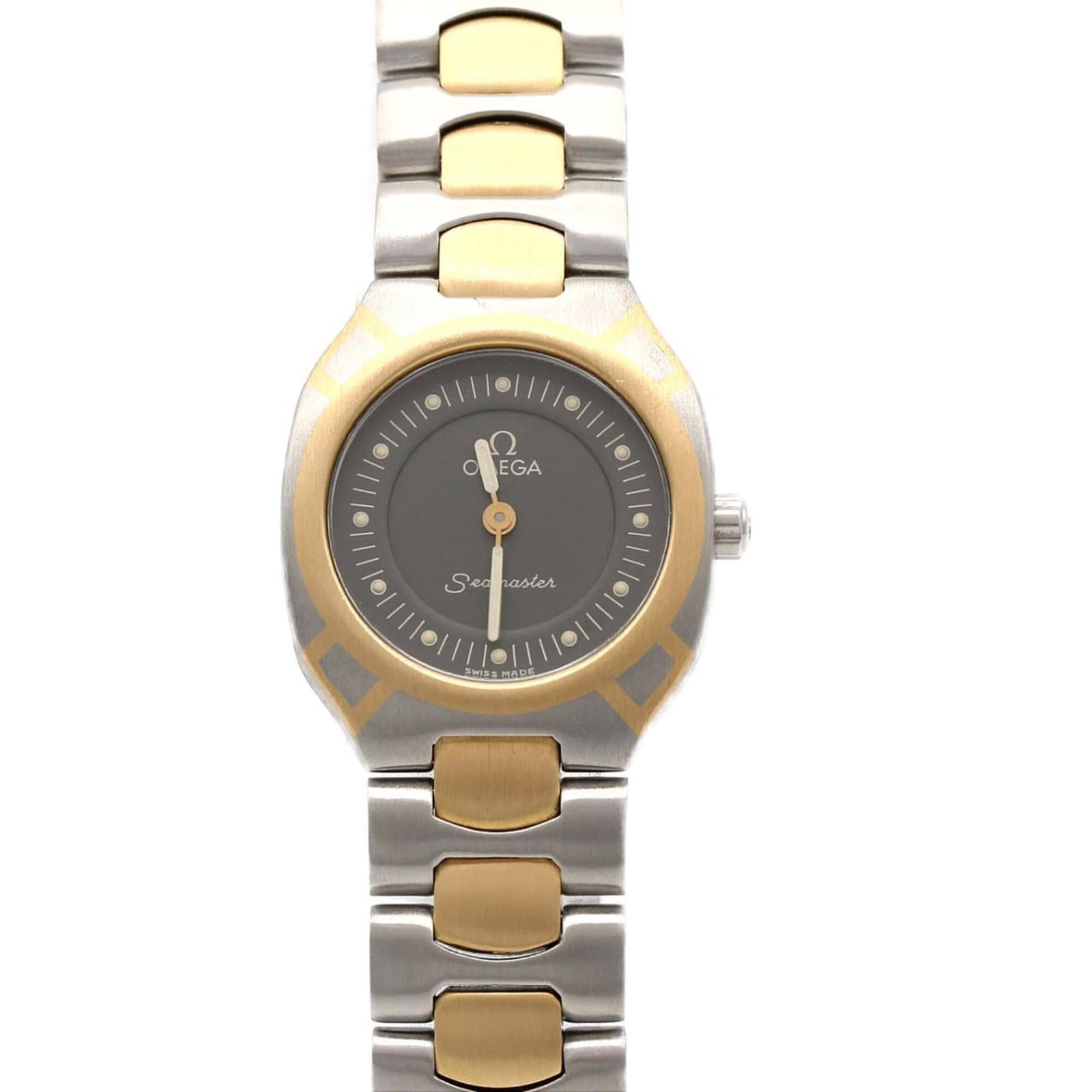 Omega Wristwatch: Omega Wristwatch Stainless steel and yellow gold case and band provide a durable and elegant finish. The quartz movement powers the watch, while the gray dial adds a touch of sophistication. With its 