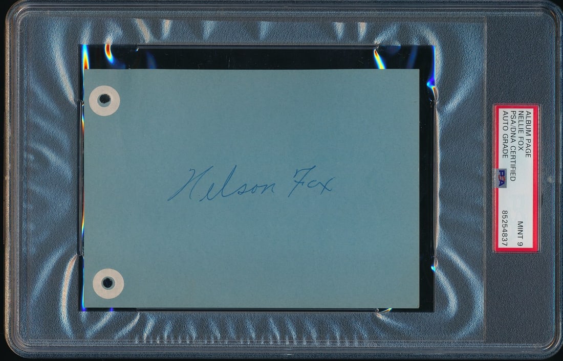 Nellie Fox HOF Signed/ Auto 6x4.5 Album Page White Sox PSA/ DNA MINT 9 190274: Nellie Fox HOF Signed/ Auto 6x4.5 Album Page White Sox PSA/ DNA MINT 9 190274 Authentic Nellie Fox HOF signed album page from the White Sox, graded Mint 9 by PSA and DNA. This rare baseball memorabili