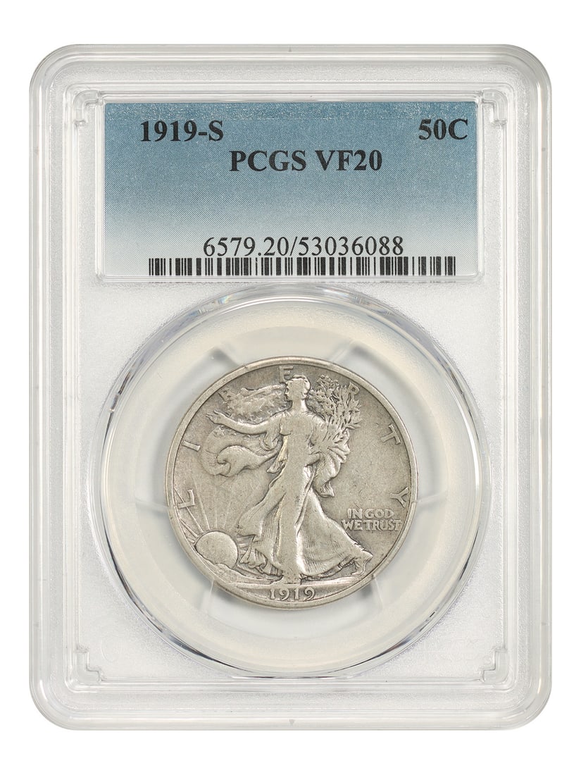 1919-S 50C PCGS VF20 - Walking Liberty Half Dollar - Scarce, Early Walker: 1919-S 50C PCGS VF20 - Walking Liberty Half Dollar - Scarce, Early Walker The 1919-S Walking Liberty Half Dollar, graded VF20 by PCGS, boasts its unique San Francisco mint mark and early design iterat