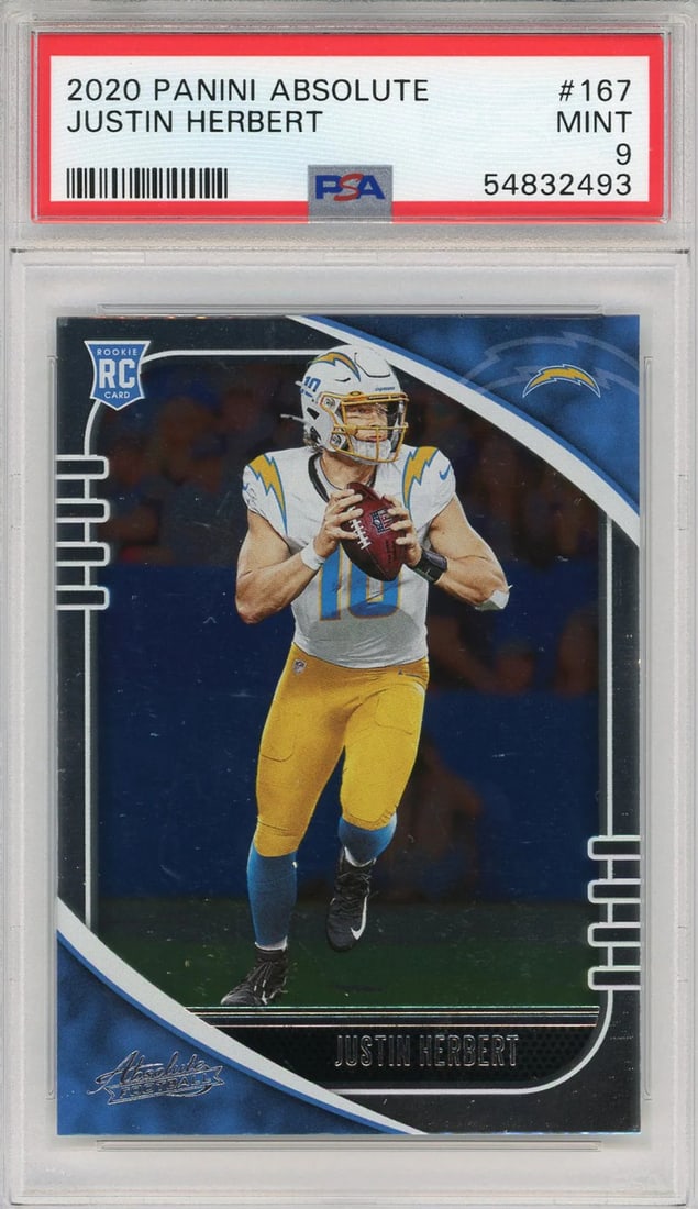 Justin Herbert 2020 Panini Absolute Rookie Card: Justin Herbert 2020 Panini Absolute Rookie Card Justin Herbert's 2020 Panini Absolute Rookie Card #167, graded by Professional Sports Authenticator (PSA). This card features a high-quality image and b