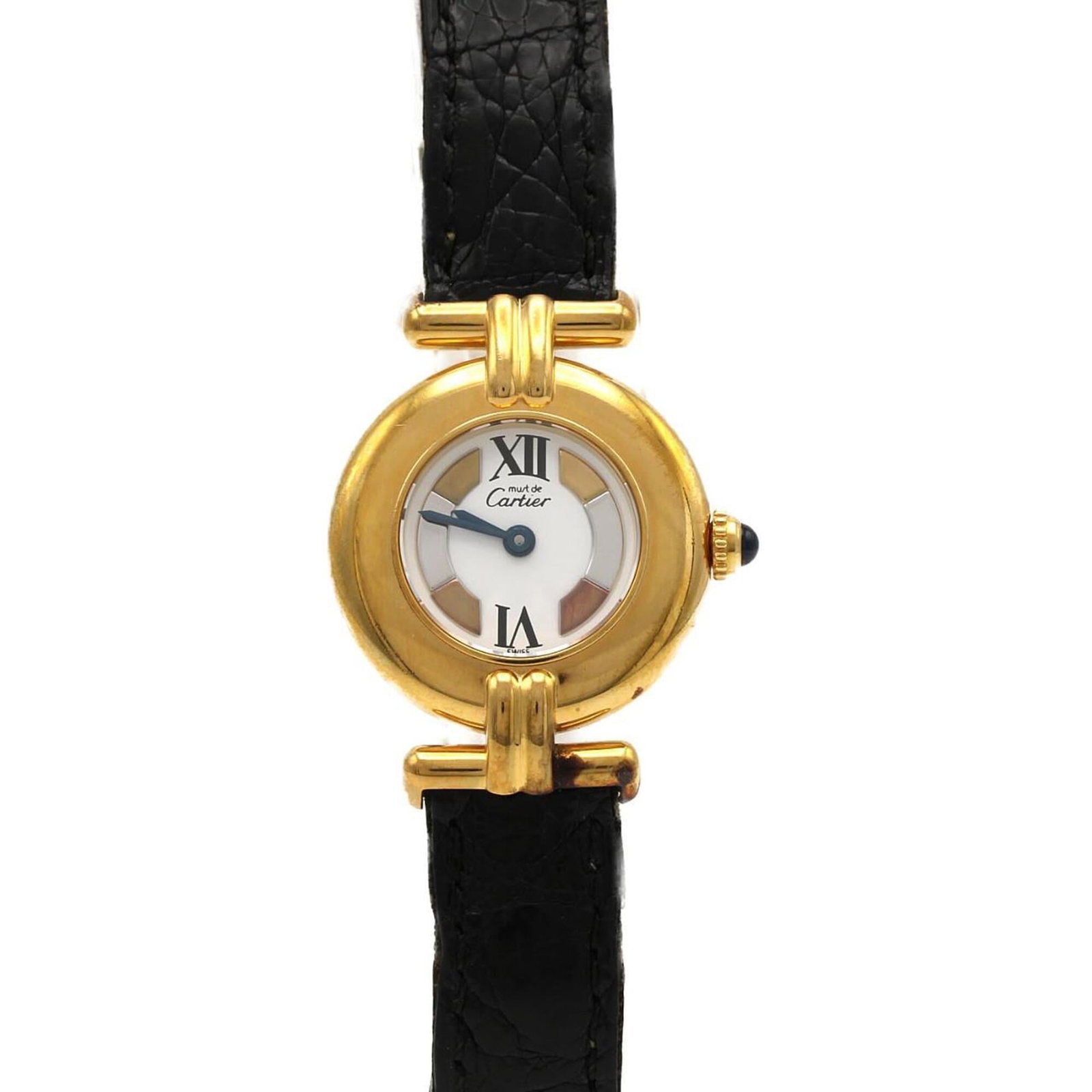 Cartier Wristwatch: Cartier Wristwatch Gold plated Cartier wristwatch with a 24mm gold dial, quartz movement, and case diameter of 0.94 inches. This elegant timepiece boasts a classic design that exudes sophistication
