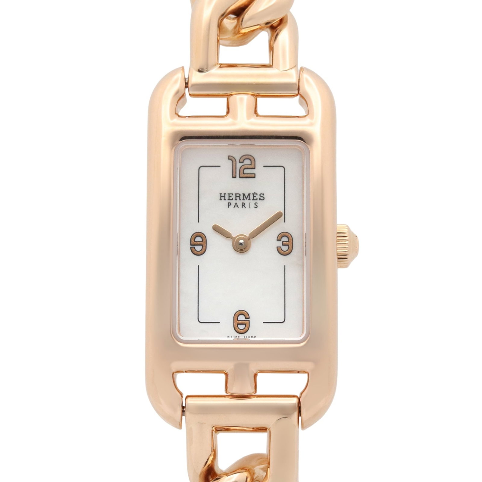 Hermes Wristwatch: Hermes Wristwatch Pink gold (18K) case and band create a luxurious look, while the white shell dial adds a touch of elegance. This quartz-powered wristwatch features a compact design with a diameter