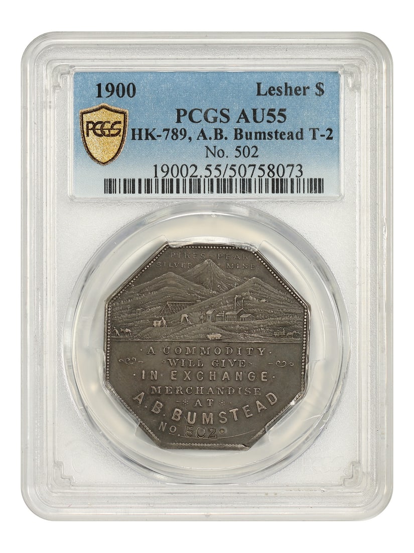 1900 Lesher $1 PCGS AU55 (HK-789, A.B. Bumstead, T-2, #502): 1900 Lesher $1 PCGS AU55 (HK-789, A.B. Bumstead, T-2, #502) The 1900 Lesher $1 PCGS AU55 (HK-789, A.B. Bumstead, T-2, #502) features a circulated condition and a notable signature by artist A.B. Bumst