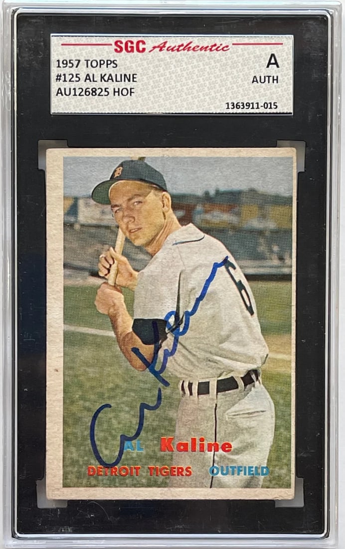 Autographed Card 1957 Kaline SGC Topps #125: Autographed Card 1957 Kaline SGC Topps #125 Signed by Al Kaline, the legendary center fielder of the Detroit Tigers, this 1957 Topps card #125 showcases an iconic moment in baseball history. Certified