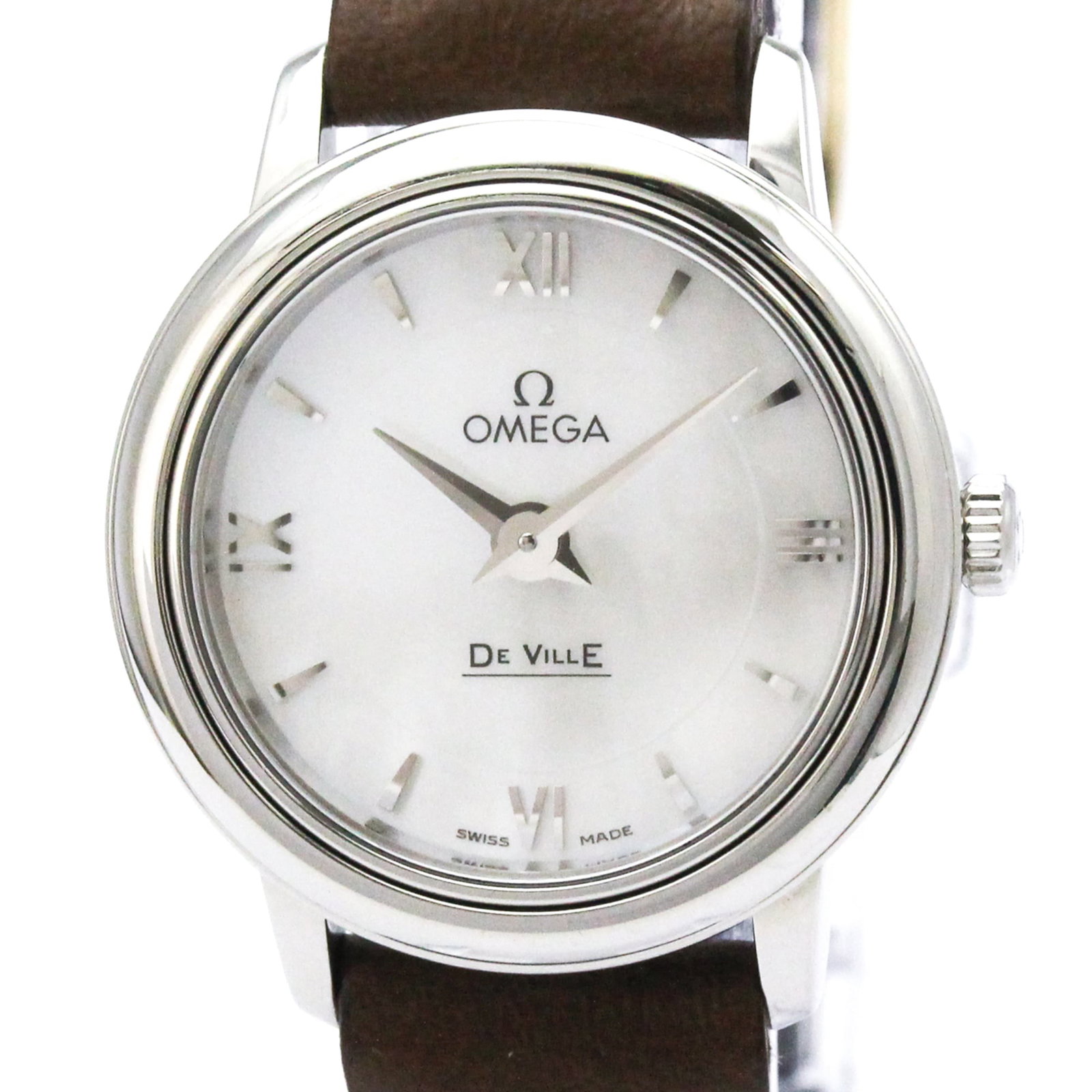 Omega Wristwatch: Omega Wristwatch Stainless steel case with a sleek, white shell dial and a comfortable leather strap make this Omega De Ville watch a stylish addition to any formal outfit. With its quartz movement an
