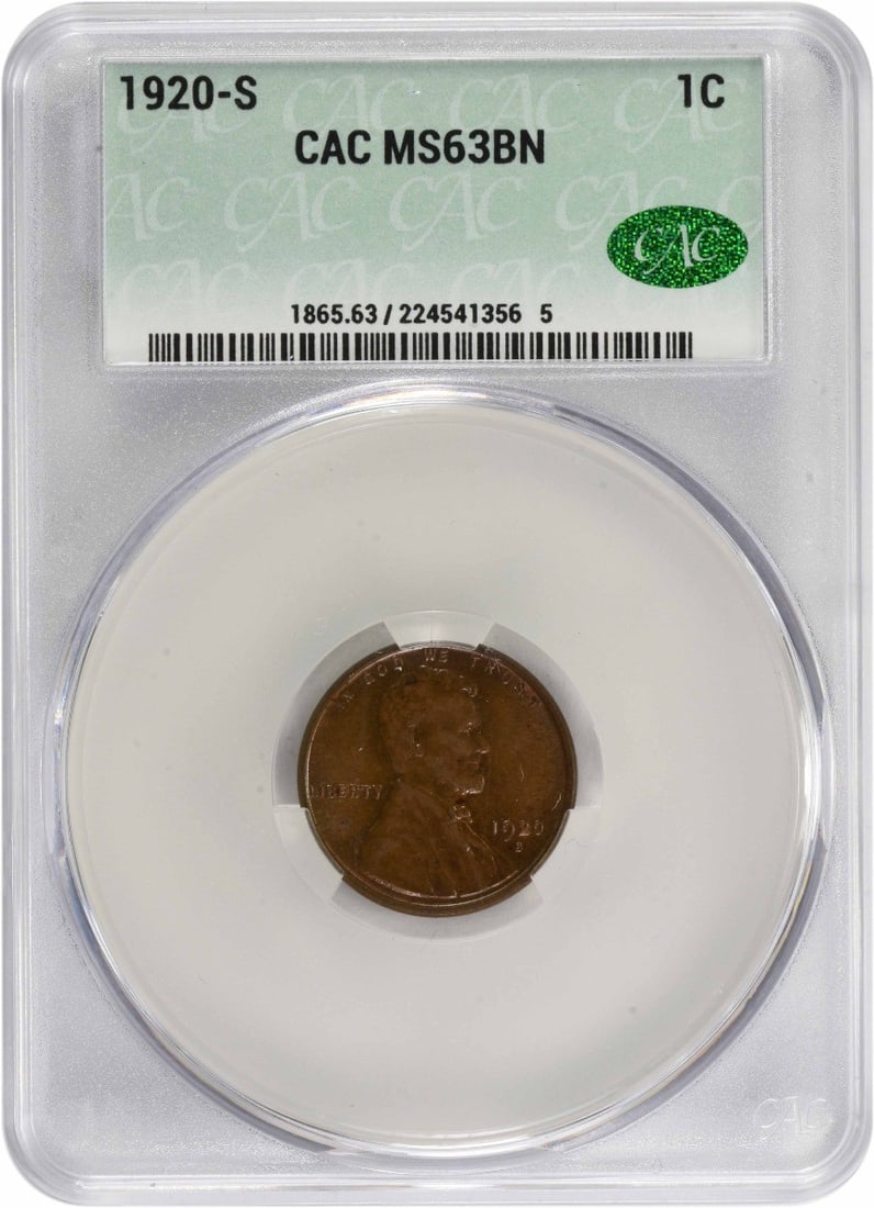 MS63BN CACG Lincoln Cent 1920-S: MS63BN CACG Lincoln Cent 1920-S The MS63BN CACG Lincoln Cent 1920-S boasts an impressive circulated condition, with subtle wear and tear evident on its surface. This copper small cent coin features th