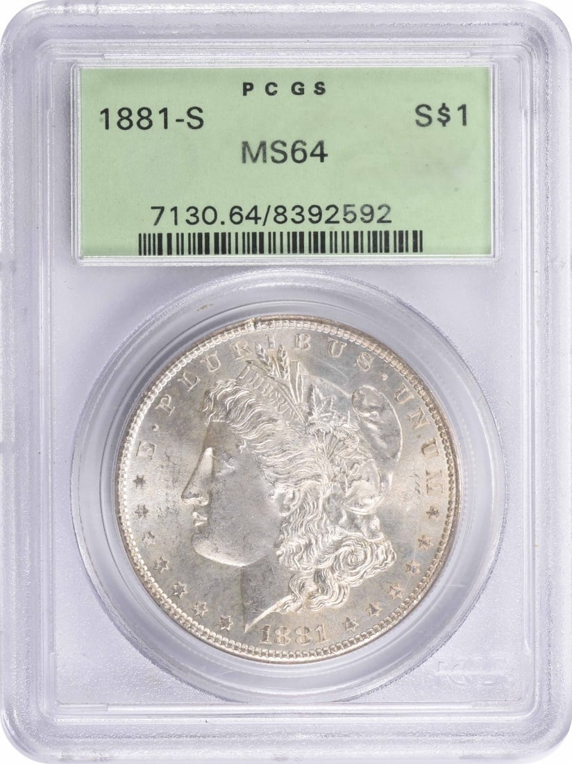 1881-S Morgan Silver Dollar MS64 PCGS: 1881-S Morgan Silver Dollar MS64 PCGS The 1881-S Morgan Silver Dollar MS64 PCGS boasts exceptional condition, with its high-grade certification from the PCGS, recognizing it as one of the finest circu