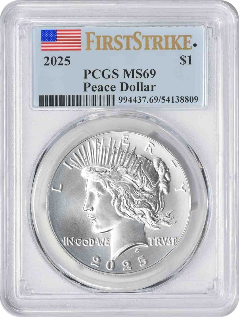 PCGS MS69 Silver Dollar 2025 First Strike: PCGS MS69 Silver Dollar 2025 First Strike The PCGS MS69 Silver Dollar 2025 First Strike features a high-grade uncirculated condition, with a grade of MS69 indicating exceptional quality. This coin bea